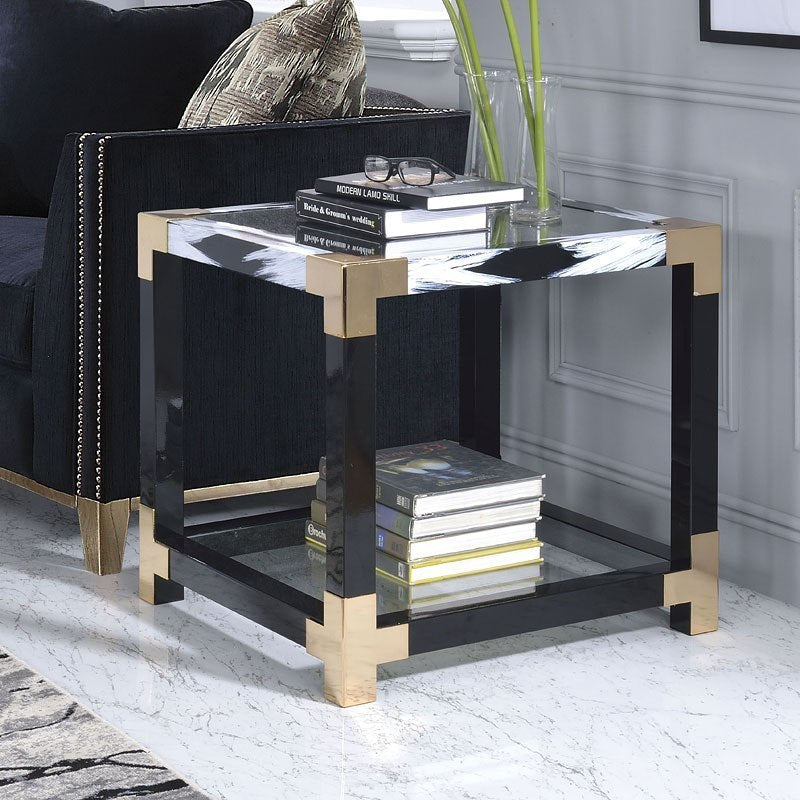 White Brushed Gold And Clear Glass End Table By Homeroots | End Tables | Modishstore - 5