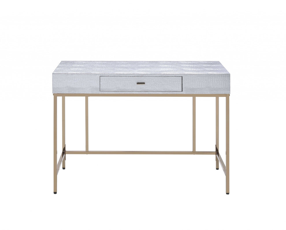 Champagne And Silver Metal Tube Desk By Homeroots | Desks | Modishstore - 2
