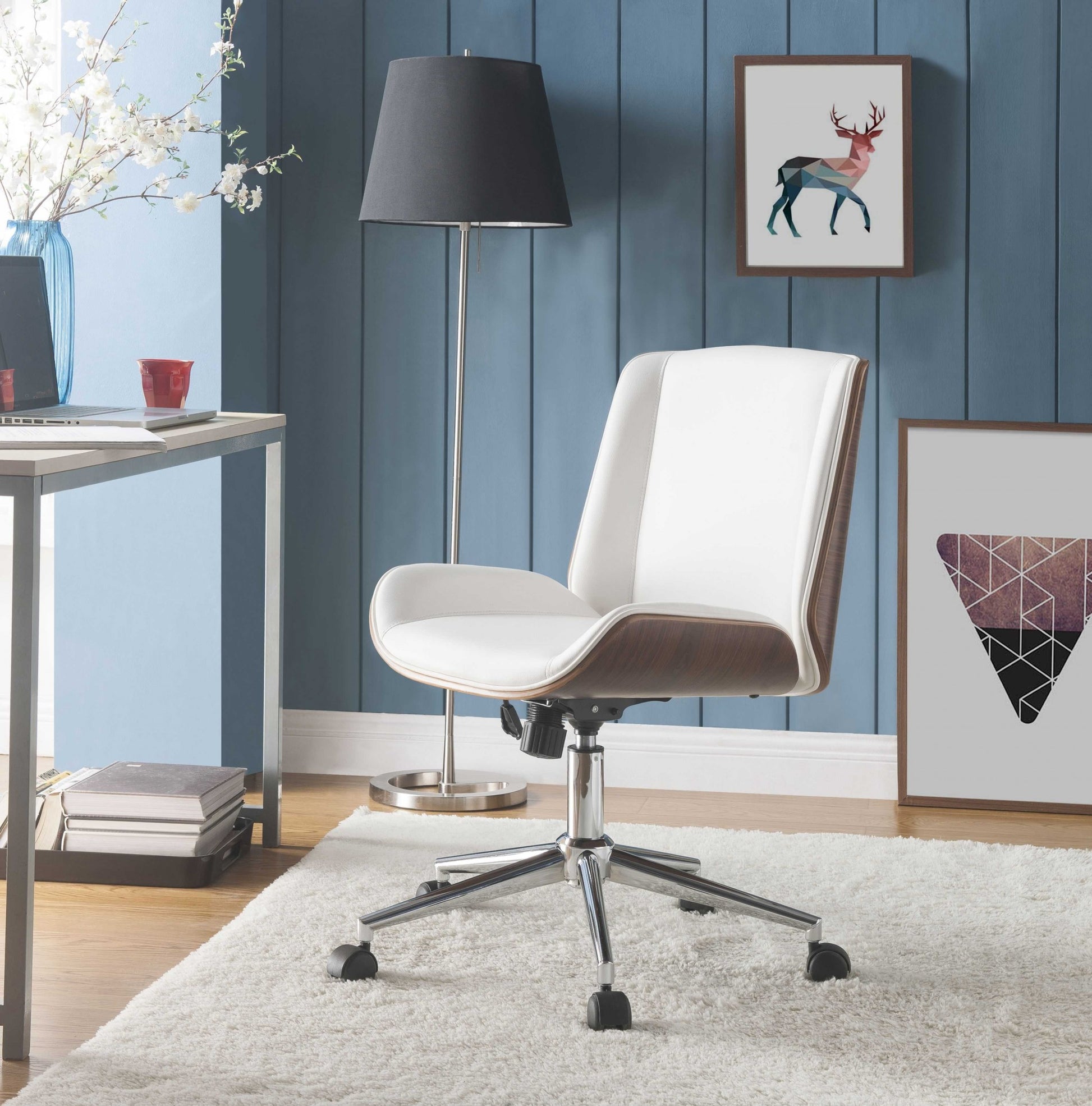 White Leatherette And Walnut Office Chair By Homeroots - 319081 | Office Chairs | Modishstore