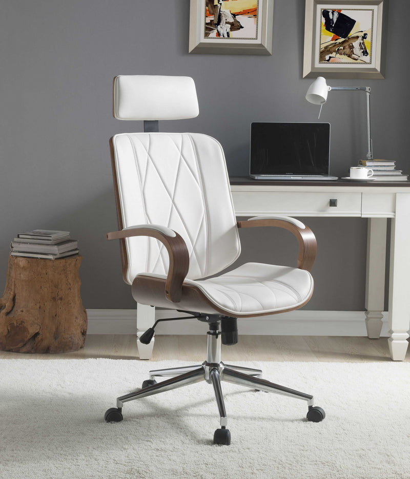 White Leatherette And Walnut Office Chair By Homeroots - 319082 | Office Chairs | Modishstore - 2