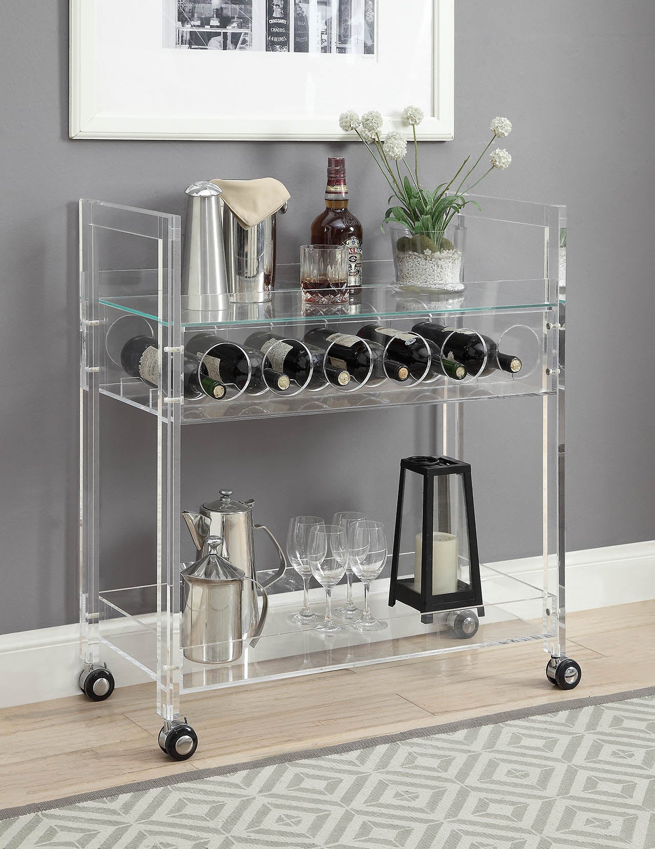 Clear Acrylic And Clear Glass Serving Cart By Homeroots | Bar Carts | Modishstore - 4