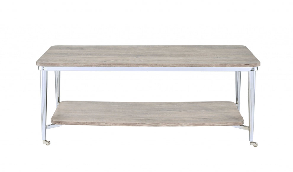 Gray Oak And Chrome Metal Tube Coffee Table By Homeroots | Coffee Tables | Modishstore - 2