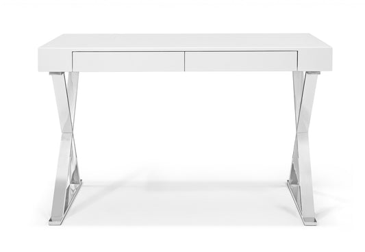 Desk Large High Gloss White Two Drawers Stainless Steel Base By Homeroots | Desks | Modishstore