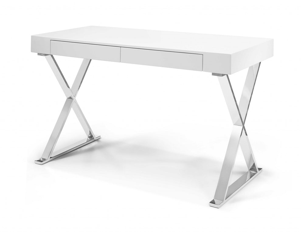 Desk Large High Gloss White Two Drawers Stainless Steel Base By Homeroots | Desks | Modishstore - 3