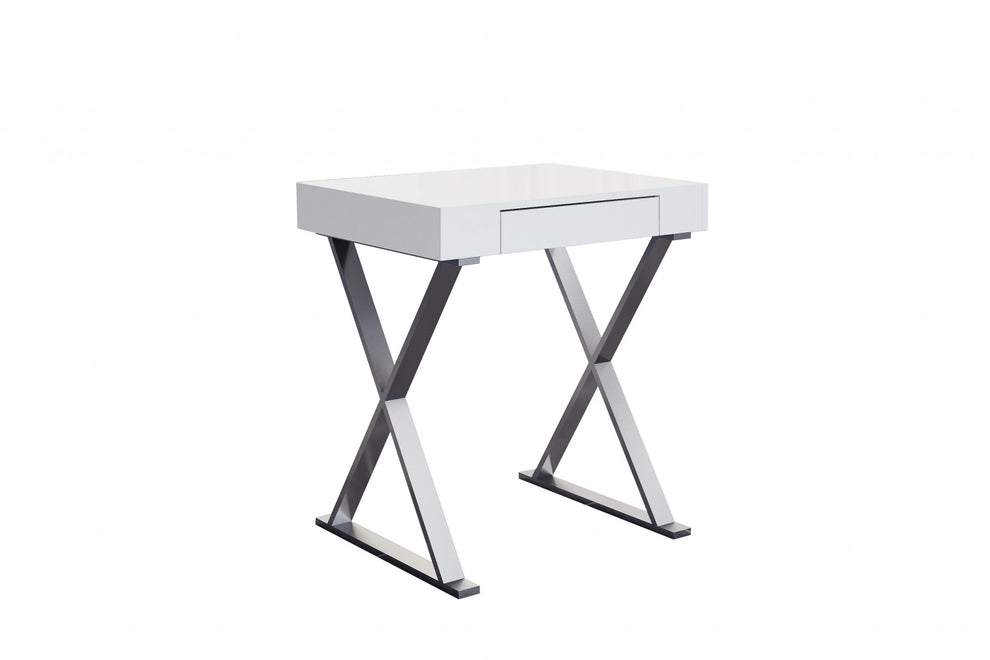 Desk Small High Gloss White One Drawer Stainless Steel Base By Homeroots | Desks | Modishstore - 2