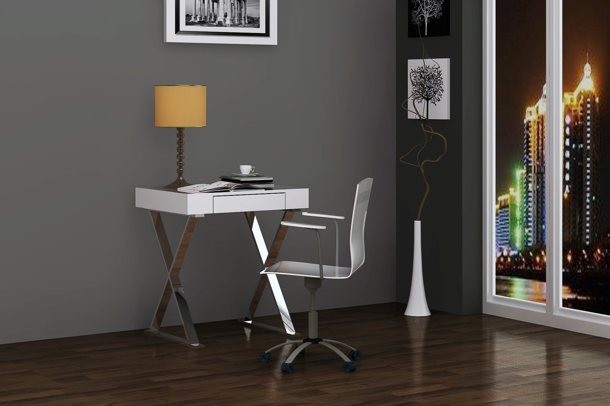 Desk Small High Gloss White One Drawer Stainless Steel Base By Homeroots | Desks | Modishstore