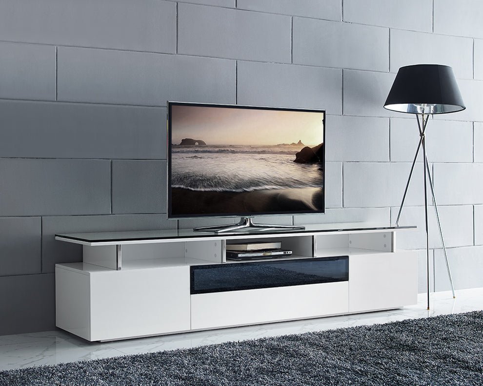 Tv Unit High Gloss White With Gray Glass Middle Drawer 2 Drawers And 2 Doors By Homeroots | TV Stands | Modishstore - 4