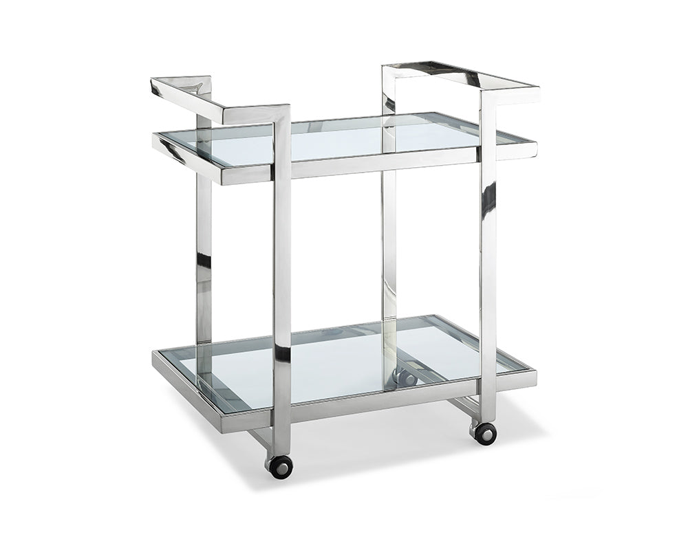 Side Table Or Bar Cart Clear Glass Stainless Steel Base On Castors By Homeroots - 320894 | Bar Carts | Modishstore - 2