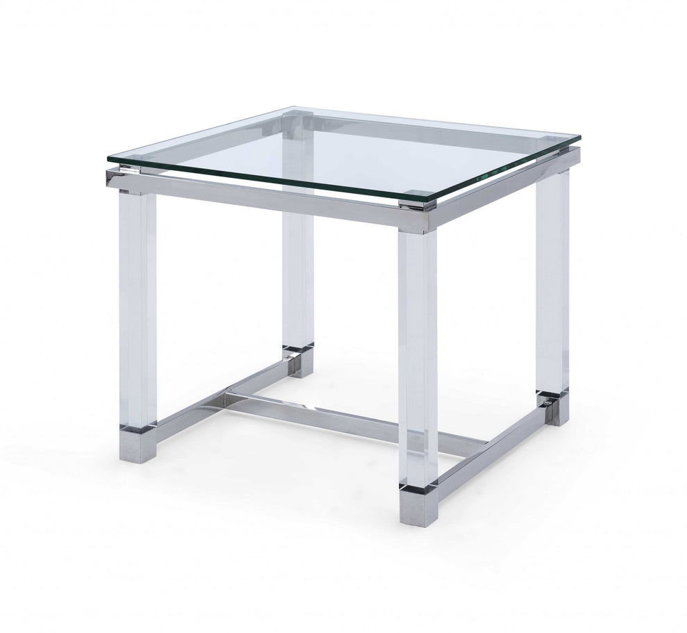 Side Table 10 mm Tempered Clear Glass Top Polished Stainless Steel Frame Acrylic Legs By Homeroots | Side Tables | Modishstore - 2