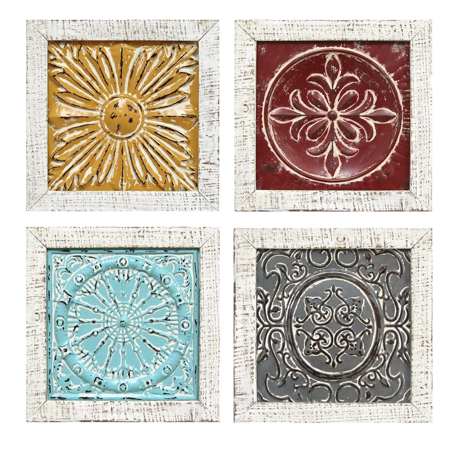 Set of 4 Distressed Medallion Metal and Wood Framed Wall Art By Homeroots | Wall Decor | Modishstore