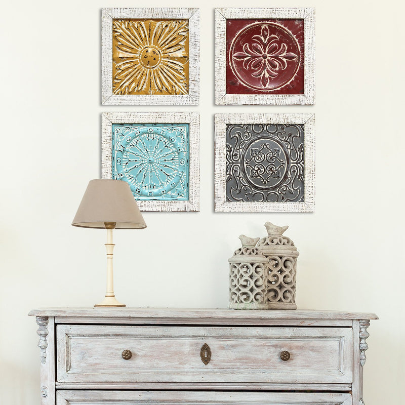 Set of 4 Distressed Medallion Metal and Wood Framed Wall Art By Homeroots | Wall Decor | Modishstore - 2