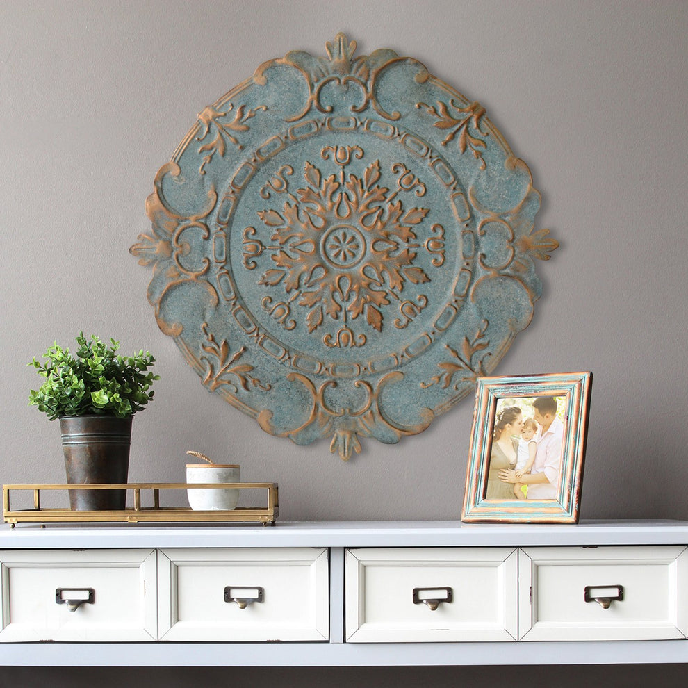 Distressed Blue European Medallion Metal Wall Decor By Homeroots | Wall Decor | Modishstore - 3