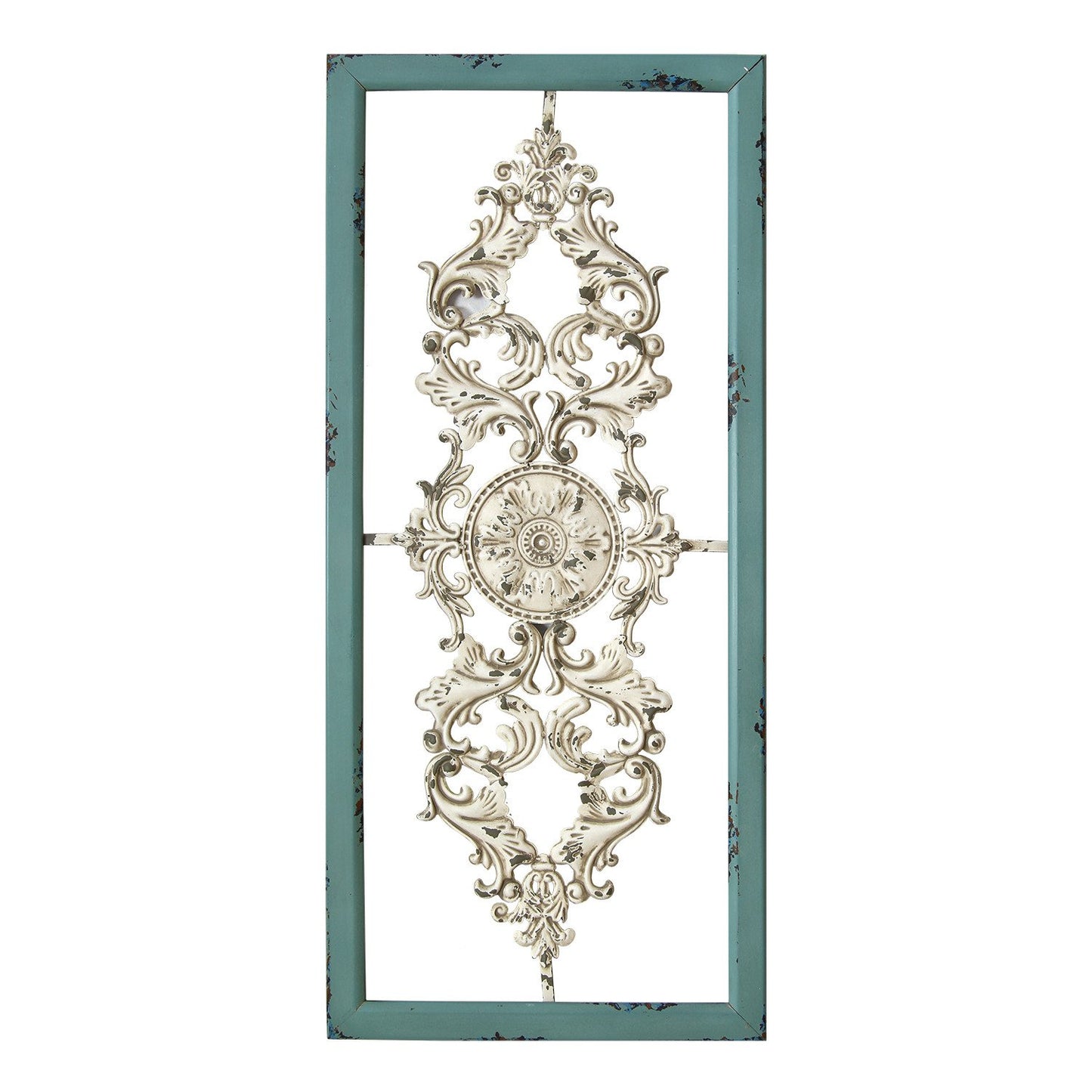 Distressed White and Turquoise Framed Scroll Metal Panel By Homeroots | Wall Decor | Modishstore