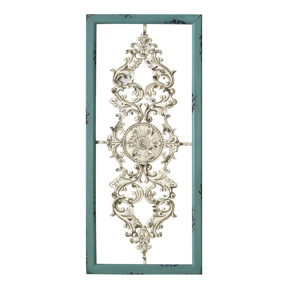 Distressed White and Turquoise Framed Scroll Metal Panel By Homeroots | Wall Decor | Modishstore - 2