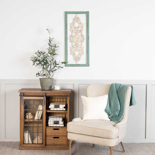 Distressed White and Turquoise Framed Scroll Metal Panel By Homeroots | Wall Decor | Modishstore