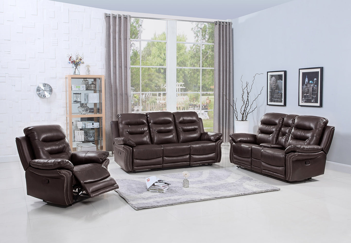 132" Comfortable Brown Faux Leather Sofa Set with a Console Loveseat By Homeroots