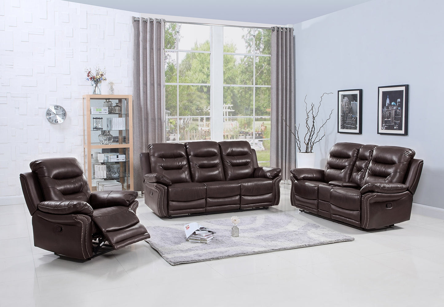 132" Comfortable Brown Faux Leather Sofa Set with a Console Loveseat By Homeroots | Sofa Set | Modishstore