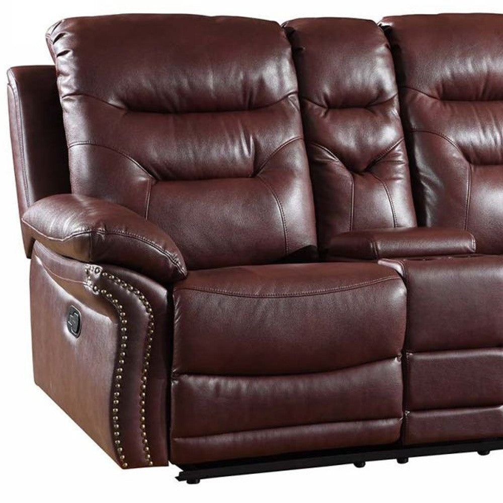 44" Comfortable Burgundy Leather Console Loveseat By Homeroots