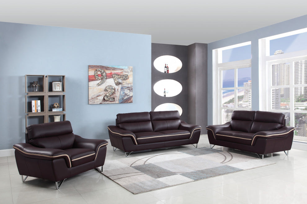 110" Charming Brown Leather Sofa Set By Homeroots | Sofa Set | Modishstore - 2
