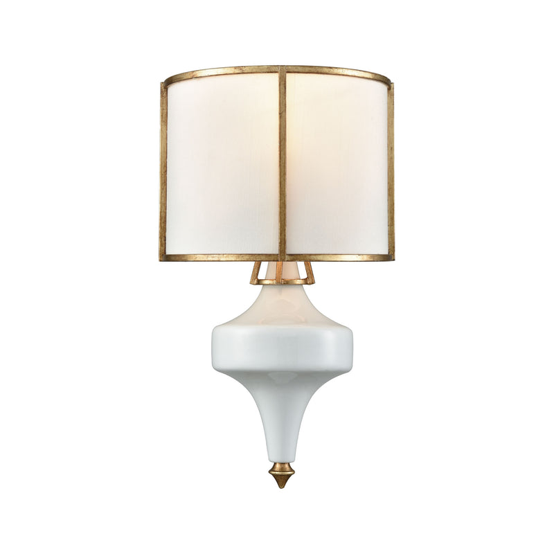 Ceramique 1-Light Sconce in White and Antique Gold Leaf with White Fabric Shade ELK Lighting | Sconces | Modishstore