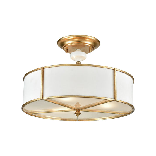 Ceramique 3-Light Semi Flush in Antique Gold Leaf with White Fabric Shade and Frosted Diffuser ELK Lighting | Ceiling Lamps | Modishstore