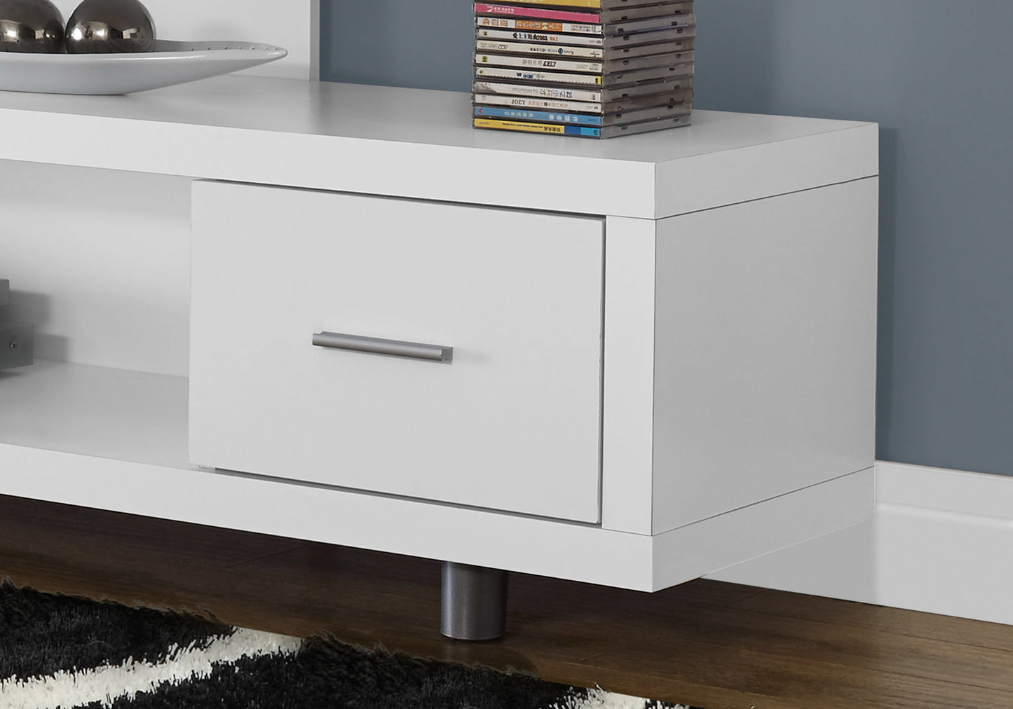 15.75" X 60" X 24" White Silver Particle Board Hollow Core Metal TV Stand With A Drawer By Homeroots