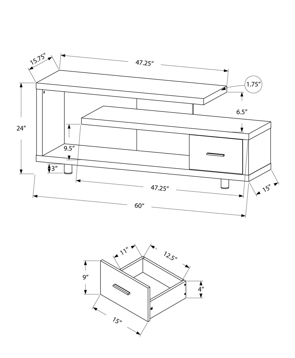 15.75" X 60" X 24" White Silver Particle Board Hollow Core Metal TV Stand With A Drawer By Homeroots | TV Stands | Modishstore - 3