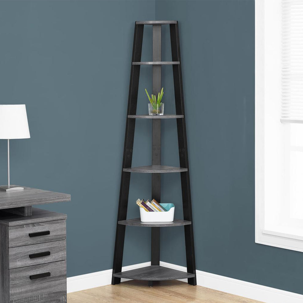 71" Chic Grey and Black 5 Shelf Corner Bookcase By Homeroots | Bookcases | Modishstore
