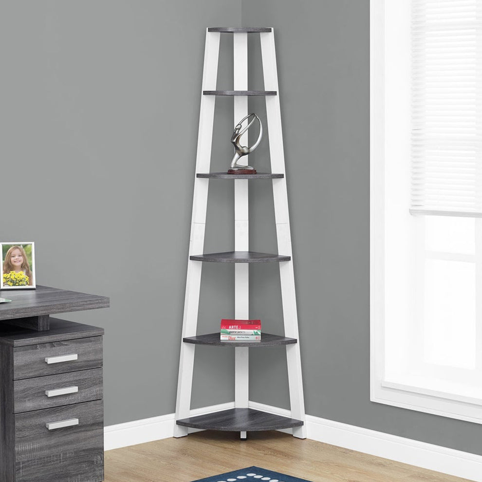 71" Chic Grey and Black 5 Shelf Corner Bookcase By Homeroots | Bookcases | Modishstore - 11