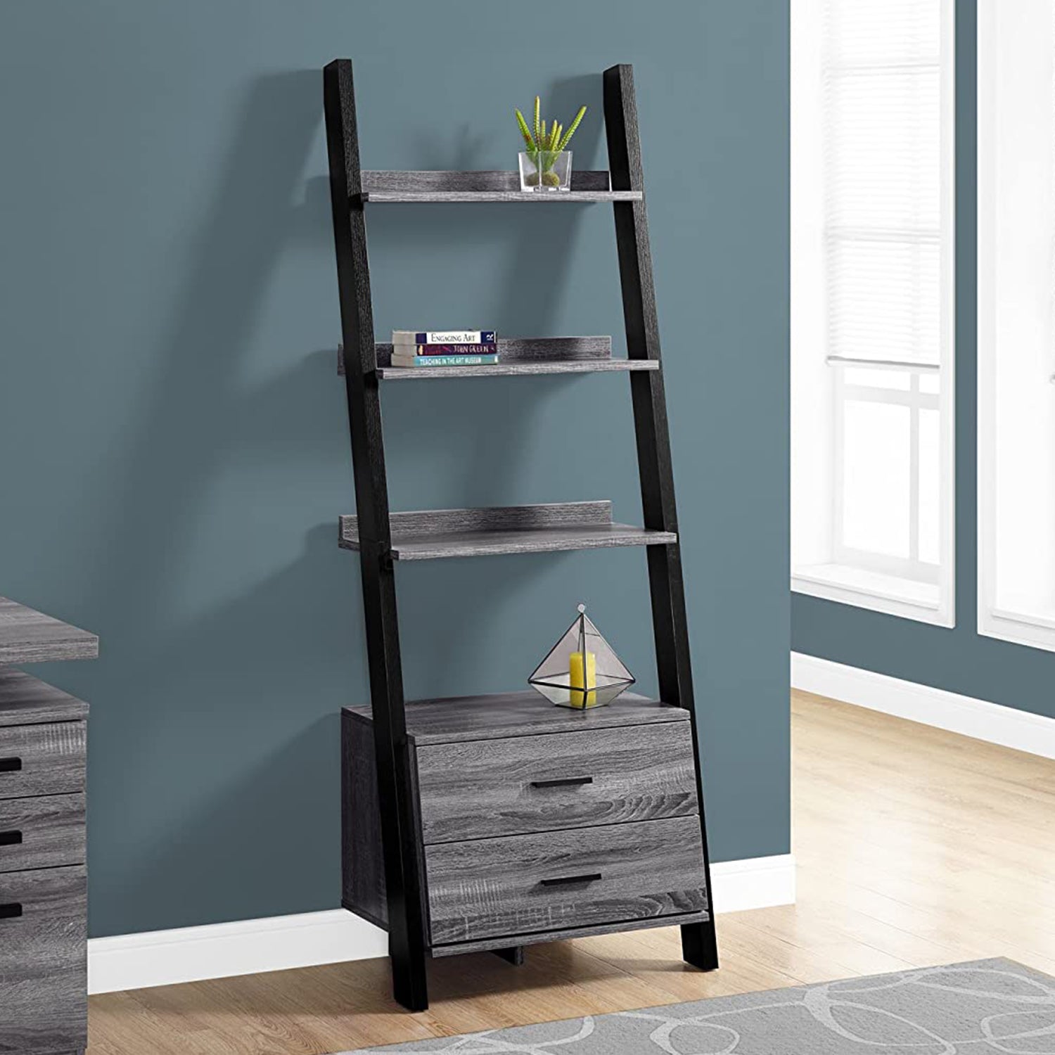 Grey Black Particle Board Hollow Core Bookcase with Storage Drawers By Homeroots | Bookcases | Modishstore