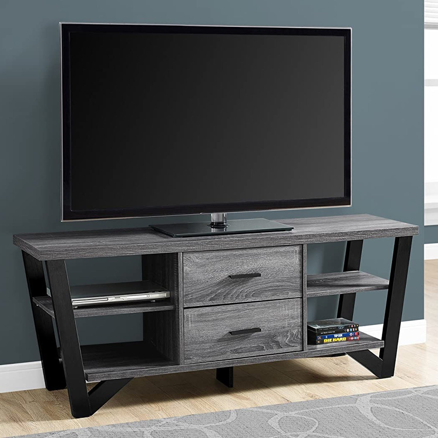 Grey Black Particle Board Hollow Core Metal TV Stand With 2 Drawers By Homeroots | TV Stands | Modishstore - 5