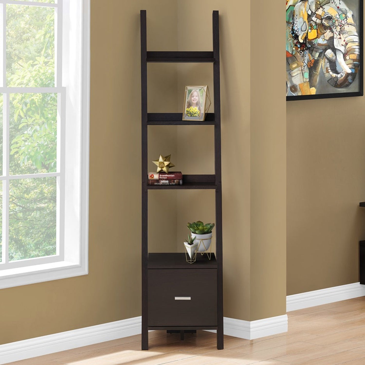 69" Particle Board Ladder Bookcase with a Storage Drawer By Homeroots | Bookcases | Modishstore