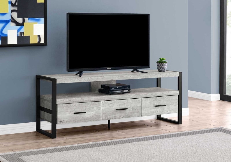 21.75" Grey Particle Board Hollow Core & Black Metal TV Stand With 3 Drawers By Homeroots | TV Stands | Modishstore