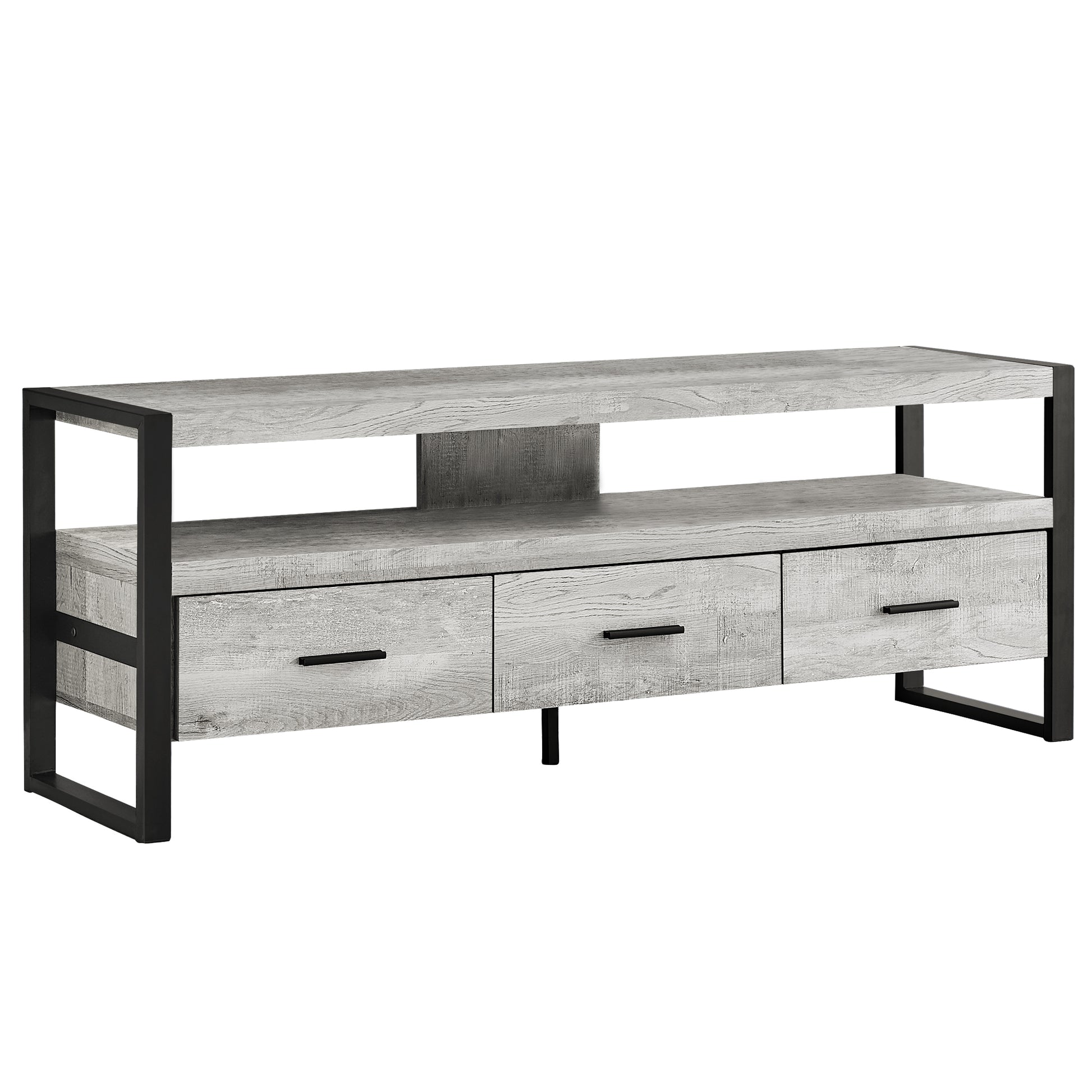 21.75" Grey Particle Board Hollow Core & Black Metal TV Stand With 3 Drawers By Homeroots | TV Stands | Modishstore - 2