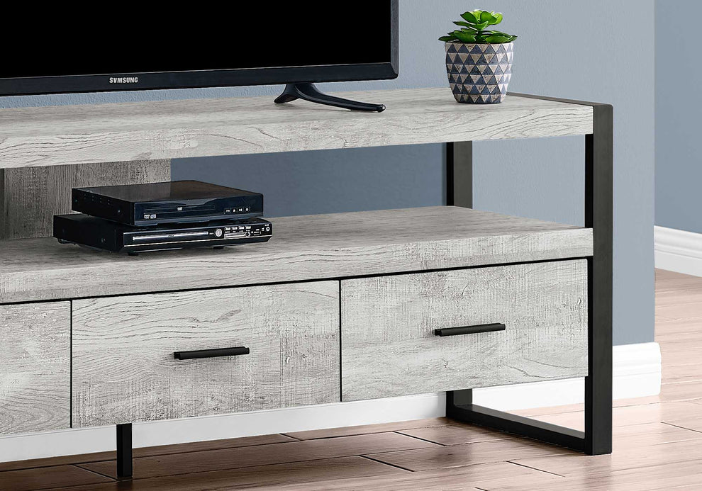 21.75" Grey Particle Board Hollow Core & Black Metal TV Stand With 3 Drawers By Homeroots | TV Stands | Modishstore - 3