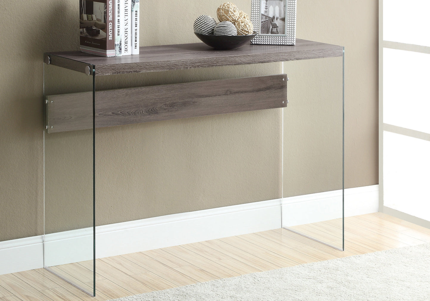 Dark Taupe Clear Particle Board Tempered Glass Accent Table By Homeroots | Console Tables | Modishstore