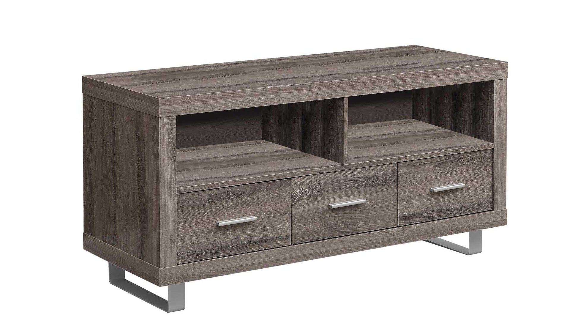 Dark Taupe Silver Particle Board Hollow Core Metal TV Stand with 3 Drawers By Homeroots | TV Stands | Modishstore