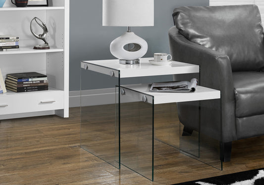 35.5" Glossy White Particle Board and Clear Glass Two Pieces Nesting Table Set By Homeroots | Accent Tables | Modishstore