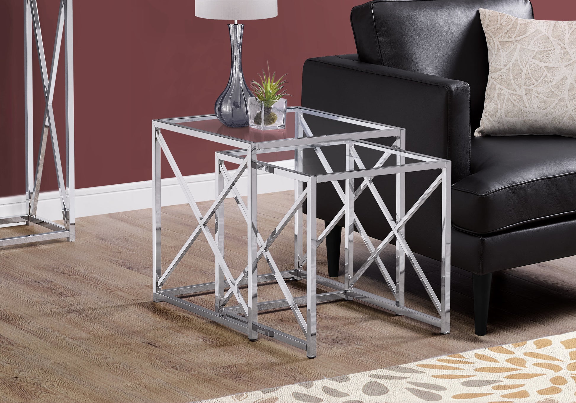 38" Chrome Metal and Tempered Glass Two Pieces Nesting Table Set By Homeroots | Nesting Tables | Modishstore
