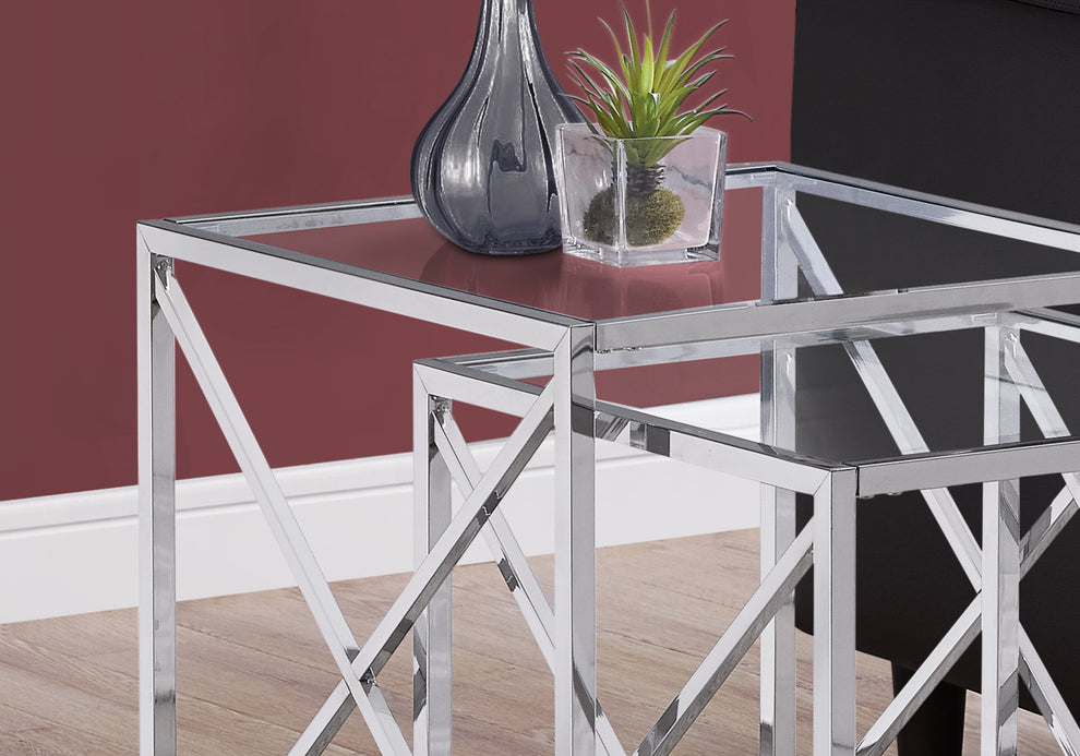 38" Chrome Metal and Tempered Glass Two Pieces Nesting Table Set By Homeroots | Nesting Tables | Modishstore - 3