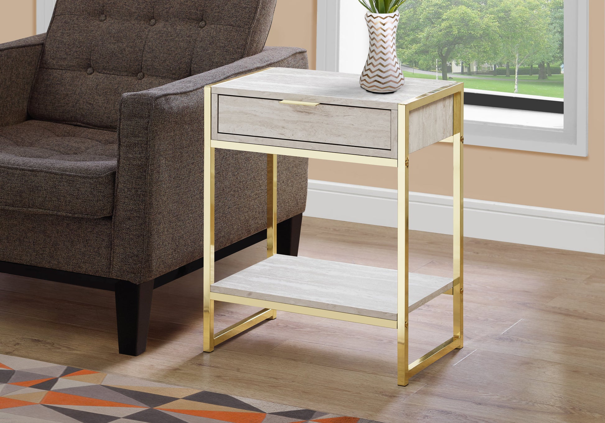 24" Beige Marble Finish and Gold Metal Accent Table By Homeroots | Accent Tables | Modishstore