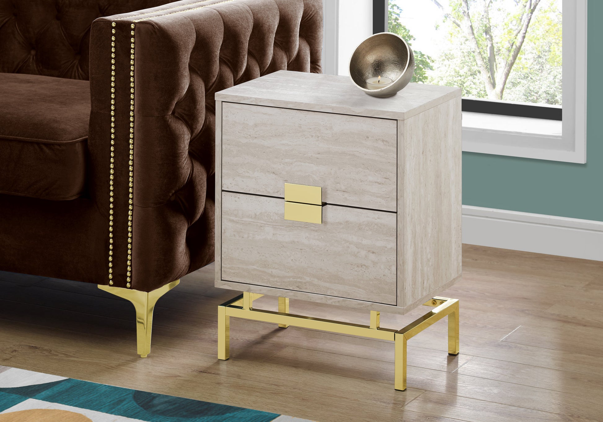 24" Gold And Beige Manufactured Wood Rectangular End Table With Two Drawers By Homeroots | End Tables | Modishstore