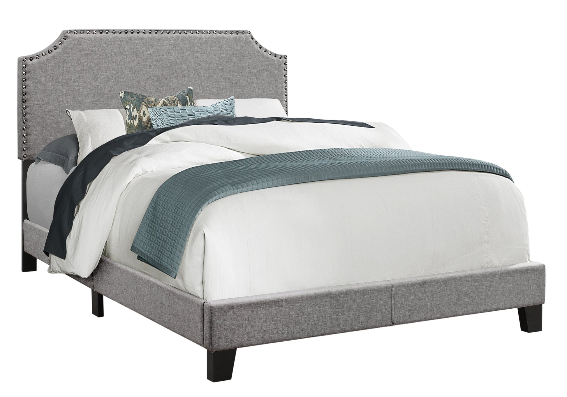 Full Size Grey Linen With Chrome Trim And Solid Wood Black Feet Bed By Homeroots | Beds | Modishstore