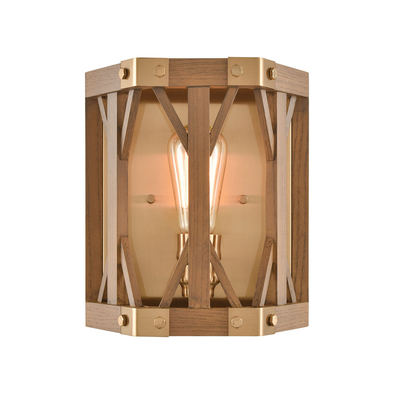 Structure 1-Light Wall Lamps in Satin Brass and Medium Oak by ELK Lighting | Modishstore | Wall Lamps