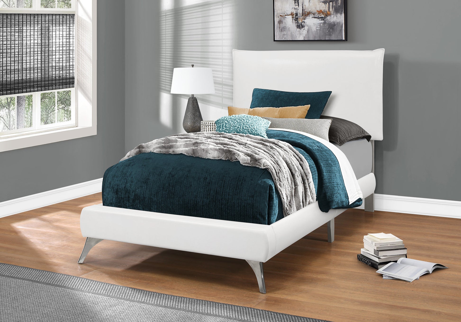 47.25" White Solid Wood Mdf Foam And Linen Twin Sized Bed With Chrome Legs By Homeroots | Beds | Modishstore