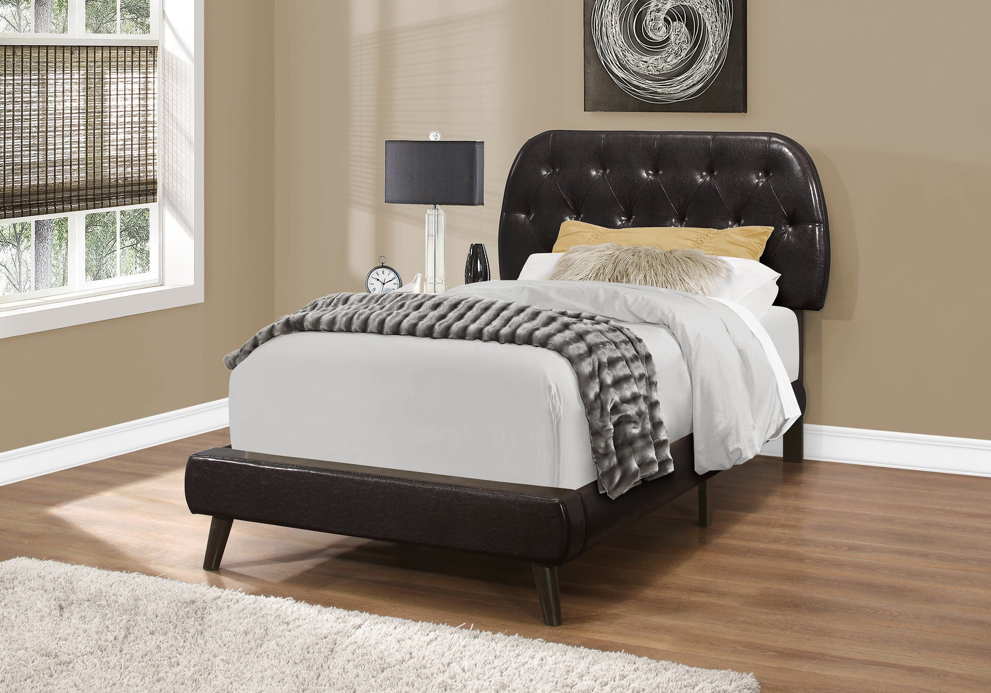 45.25" Brown Solid Wood Mdf Foam And Linen Twin Sized Bed With Wood Legs By Homeroots | Beds | Modishstore