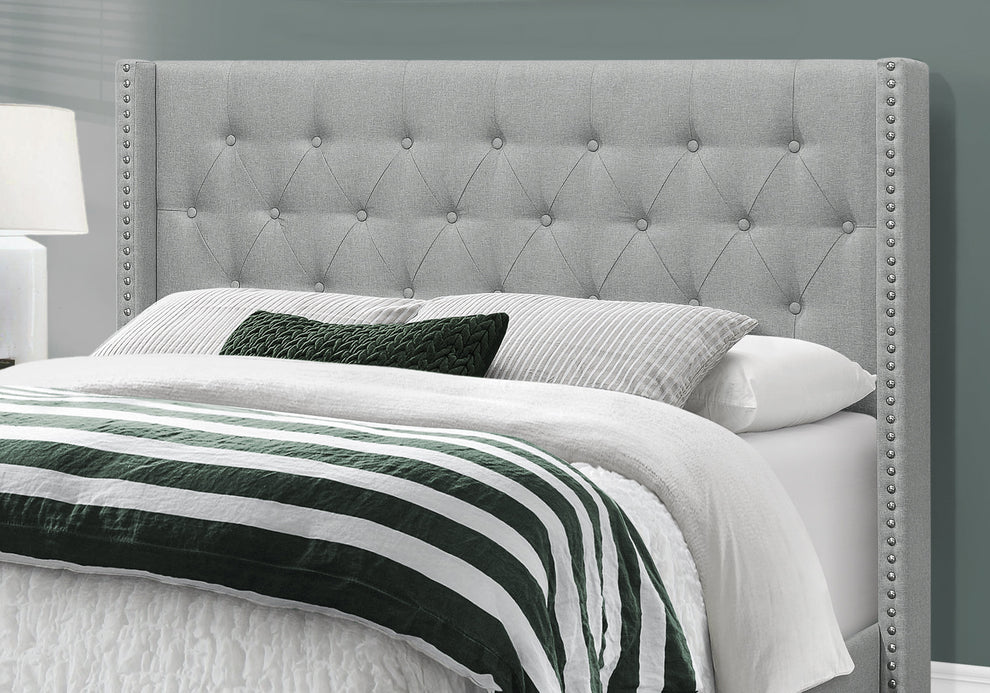 Grey Foam Solid Wood Linen Queen Size Bed With A Chrome Trim By Homeroots - 333331 | Beds | Modishstore - 2