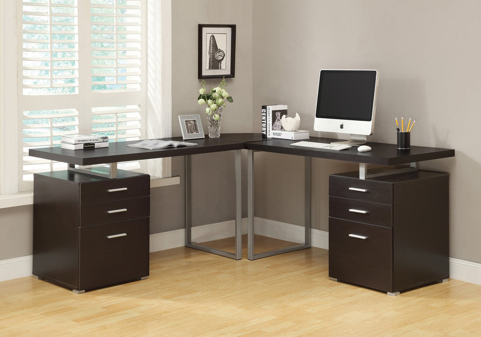 Cappuccino Silver Particle Board Hollow Core Metal Computer Desk By Homeroots - 333342 | Desks | Modishstore