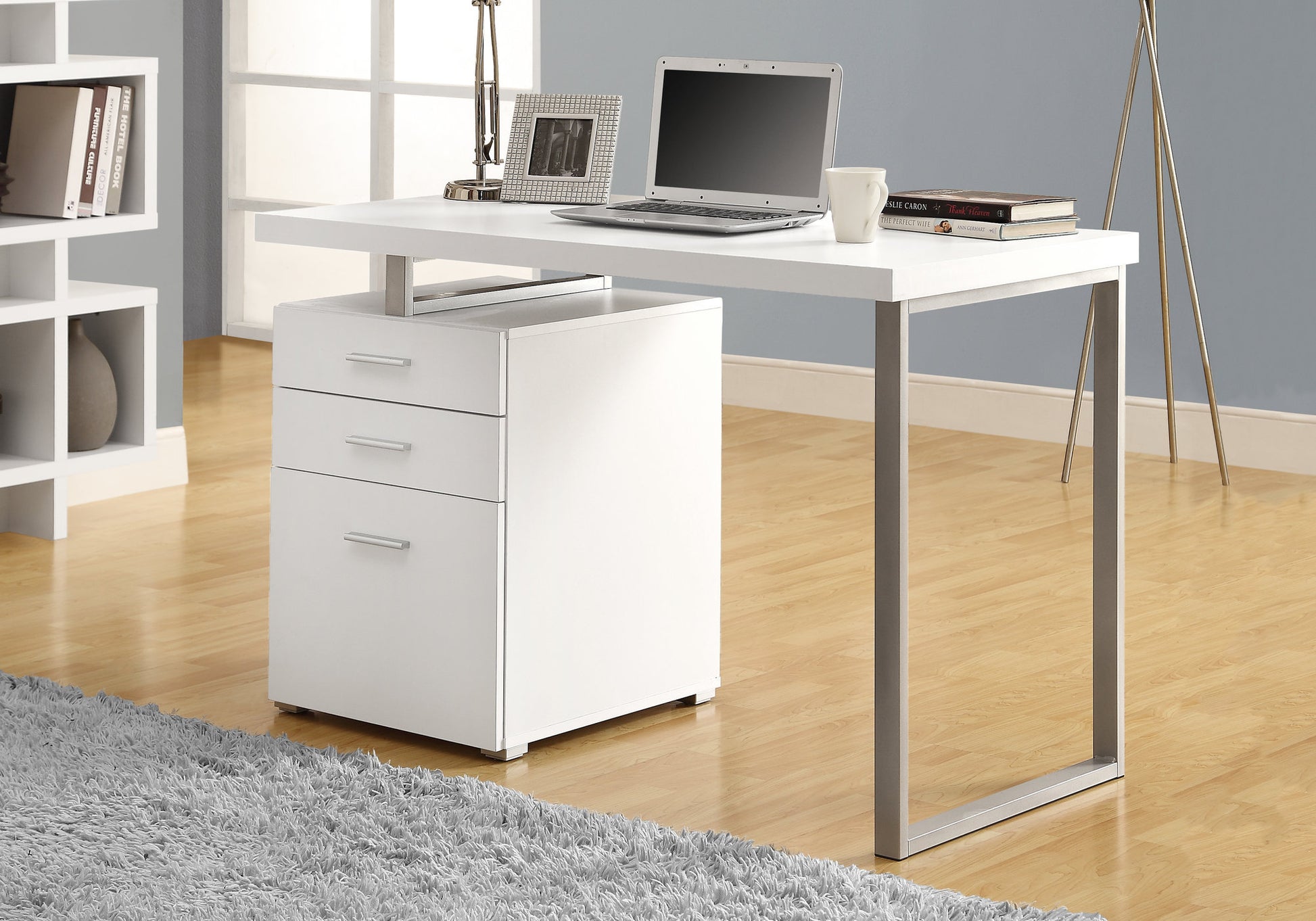 Cappuccino Silver Particle Board Hollow Core Metal Computer Desk By Homeroots - 333342 | Desks | Modishstore - 6
