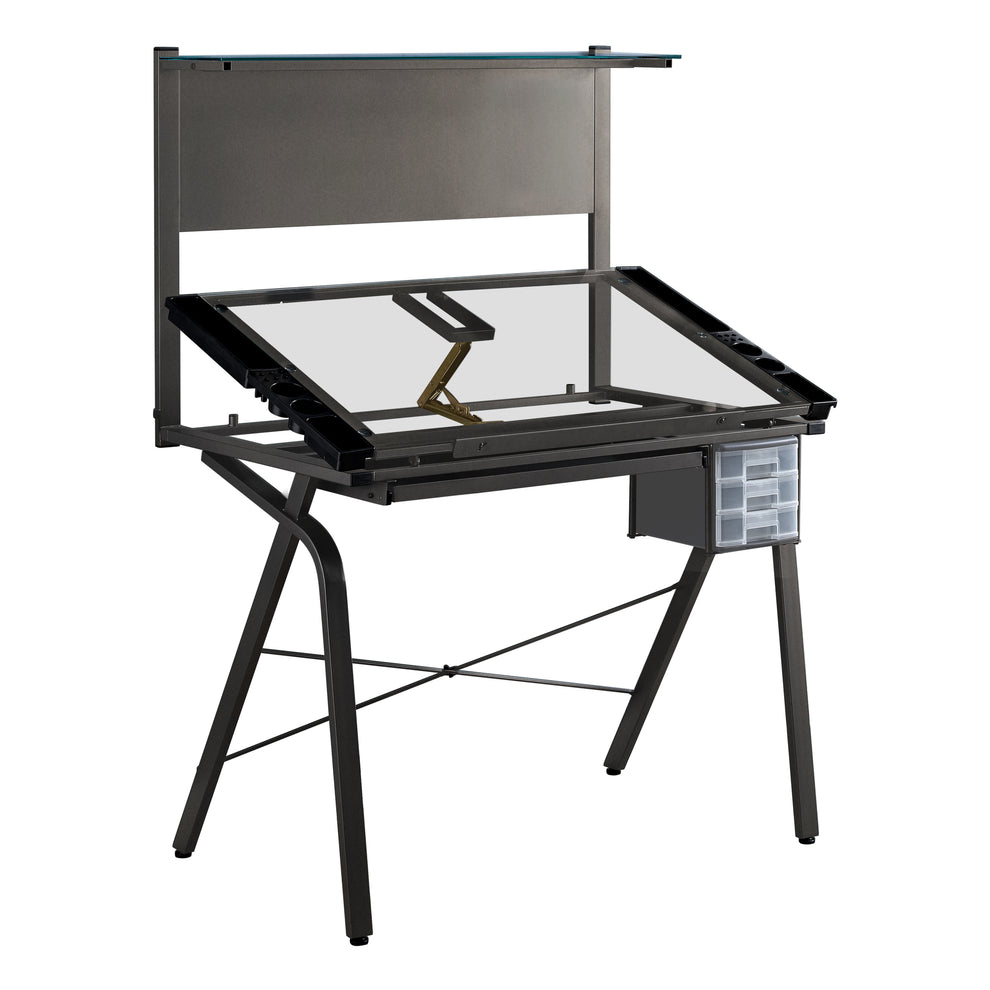 Grey Clear Metal Glass Plastic Tempered Glass Drafting Table Adjustable By Homeroots | Desks | Modishstore - 2